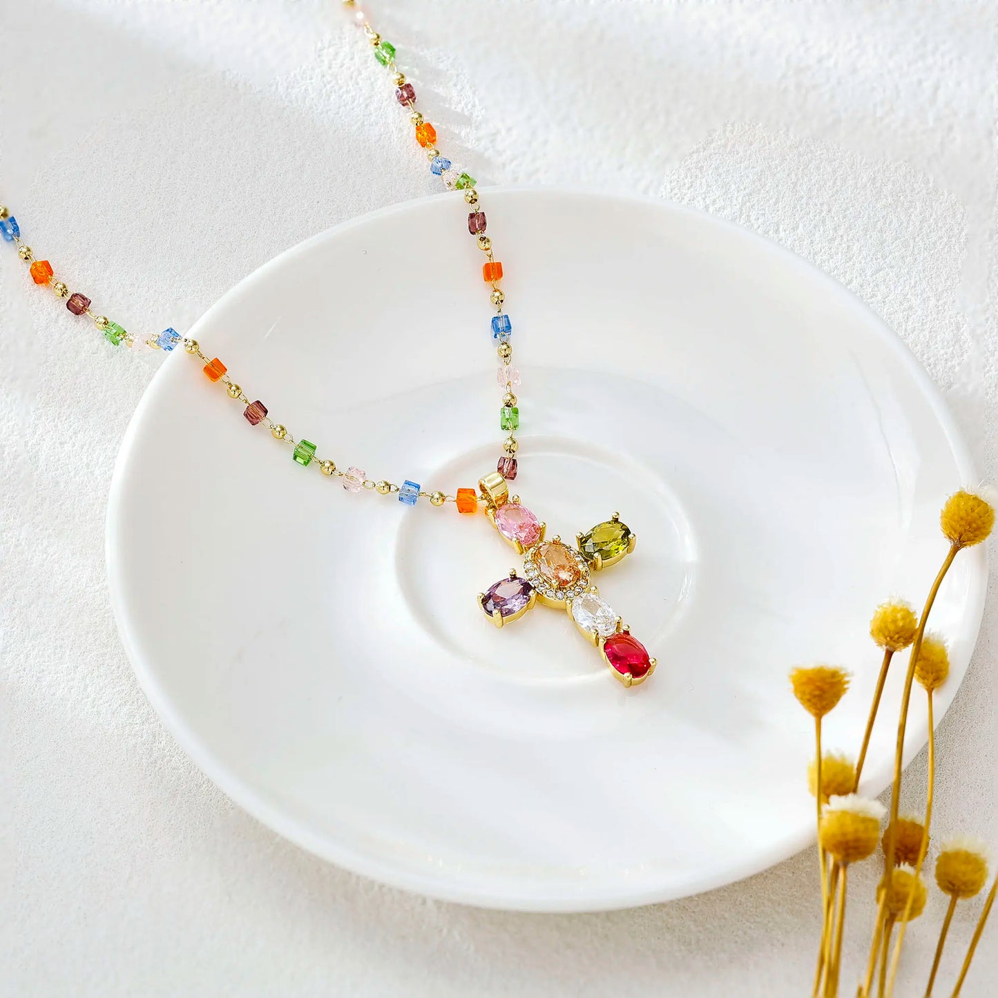 Gold-Plated Gold Spacer Beads / Multicolor Cubic Zirconia Cross Pendant Necklace