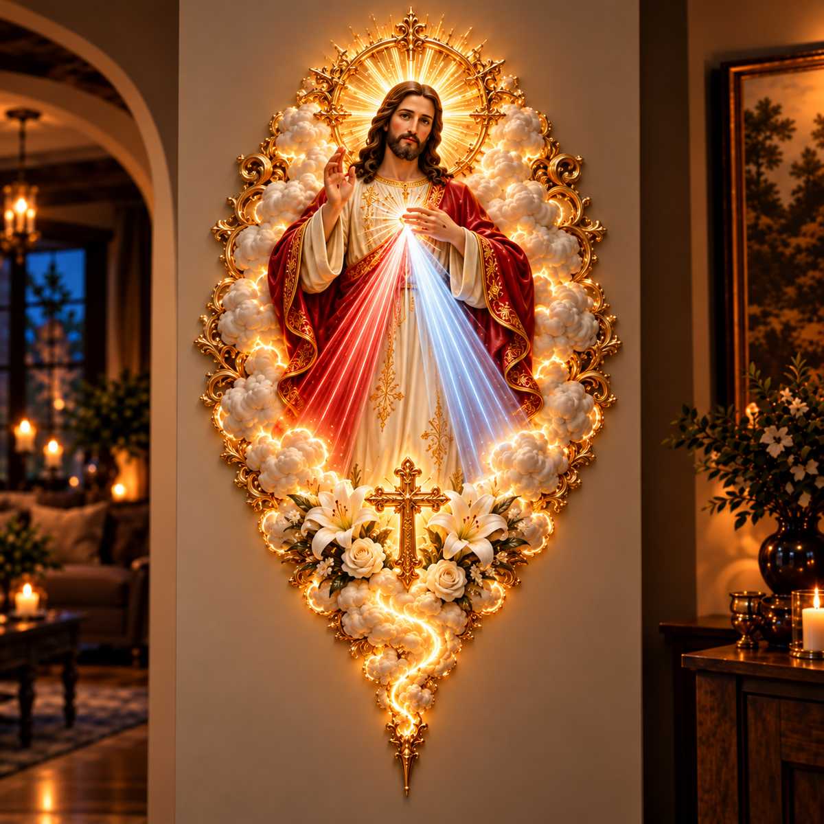 Divine Mercy Jesus Radiant Wall Art – Heavenly Religious Wall Decor with Golden Accents