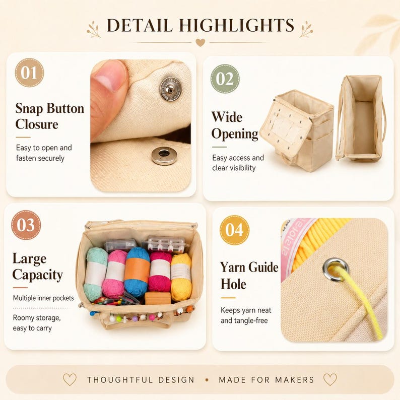 Organized knitting supplies in canvas bag