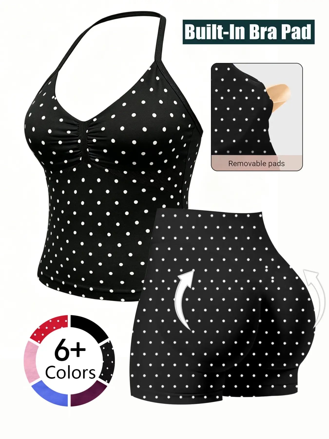 Fashionable Sports Set for Fitness Enthusiasts, Polka Dot Print Halter Top and Shorts, Summer Gym Yoga Running