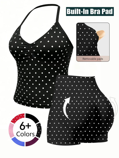 Fashionable Sports Set for Fitness Enthusiasts, Polka Dot Print Halter Top and Shorts, Summer Gym Yoga Running