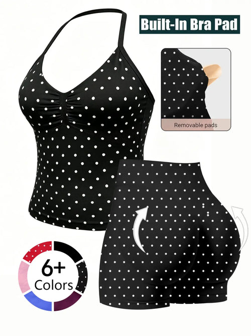 Fashionable Sports Set for Fitness Enthusiasts, Polka Dot Print Halter Top and Shorts, Summer Gym Yoga Running