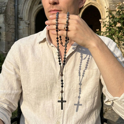 Natural Obsidian & Yooperlite Cross Rosary Necklace