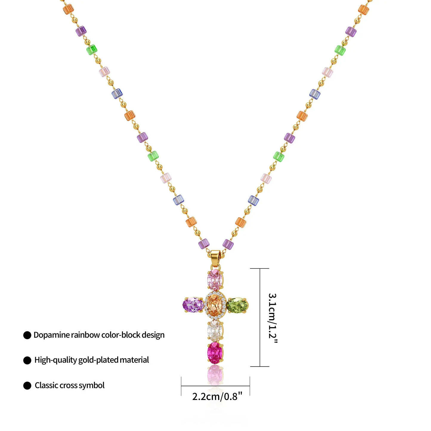Gold-Plated Gold Spacer Beads / Multicolor Cubic Zirconia Cross Pendant Necklace