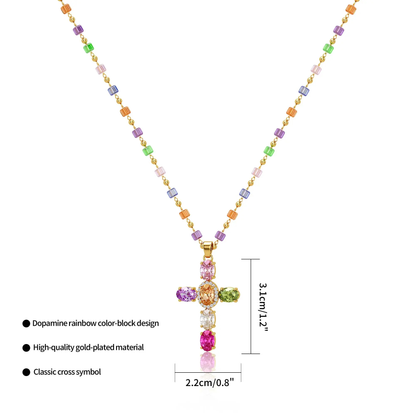 Gold-Plated Gold Spacer Beads / Multicolor Cubic Zirconia Cross Pendant Necklace