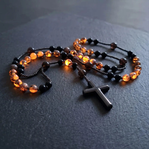 Natural Obsidian & Yooperlite Cross Rosary Necklace