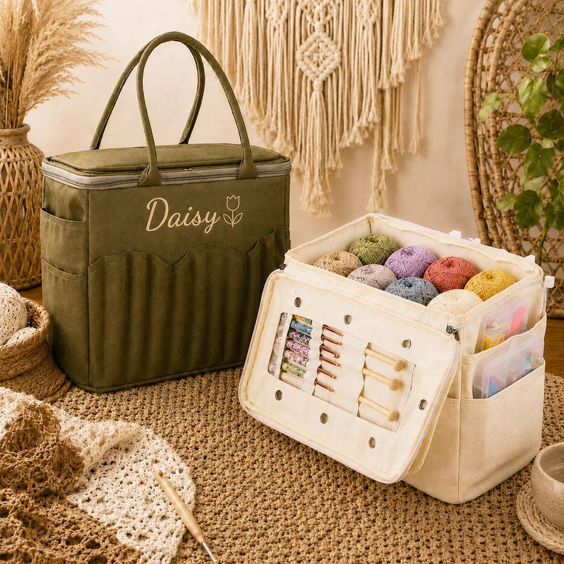 Beige army green and black craft organizer bag
