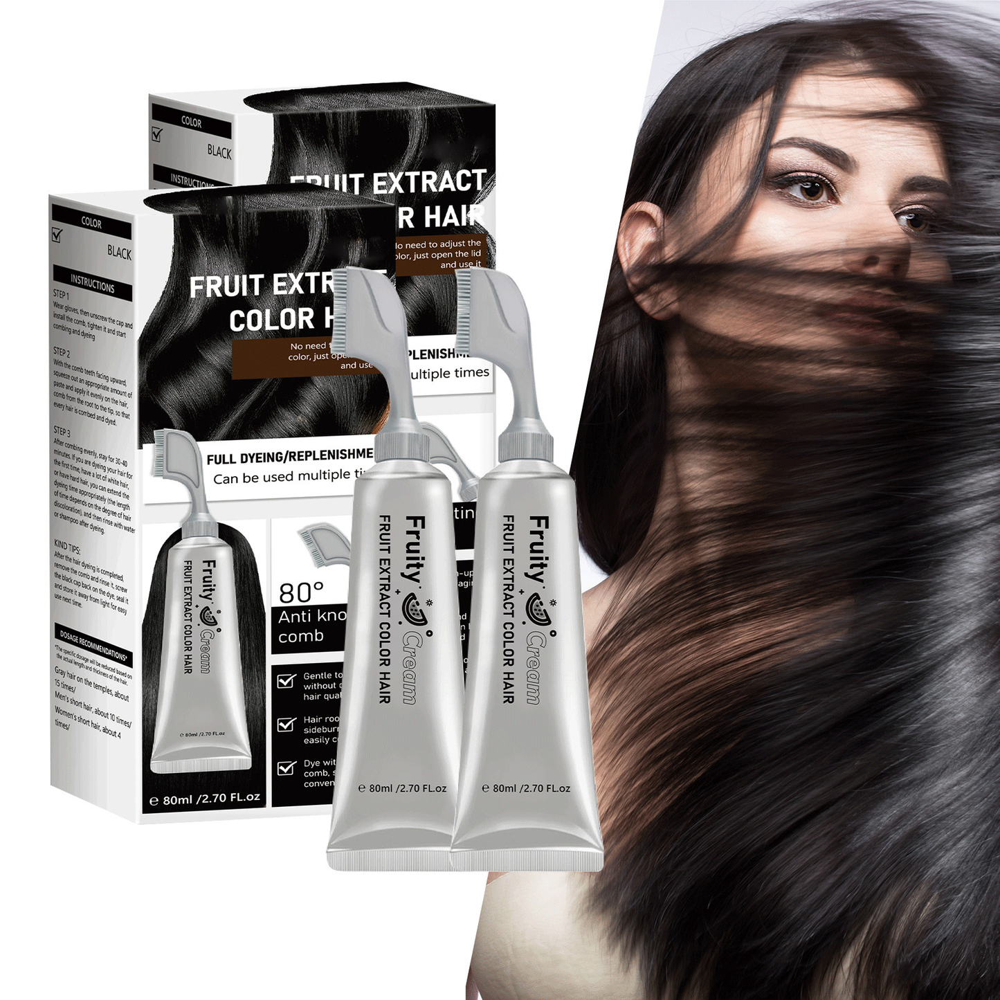 Fruit Comb Hair Dye Cream - In Hair DyeCream for Gray Coverage -Natural Black & Dark Brown