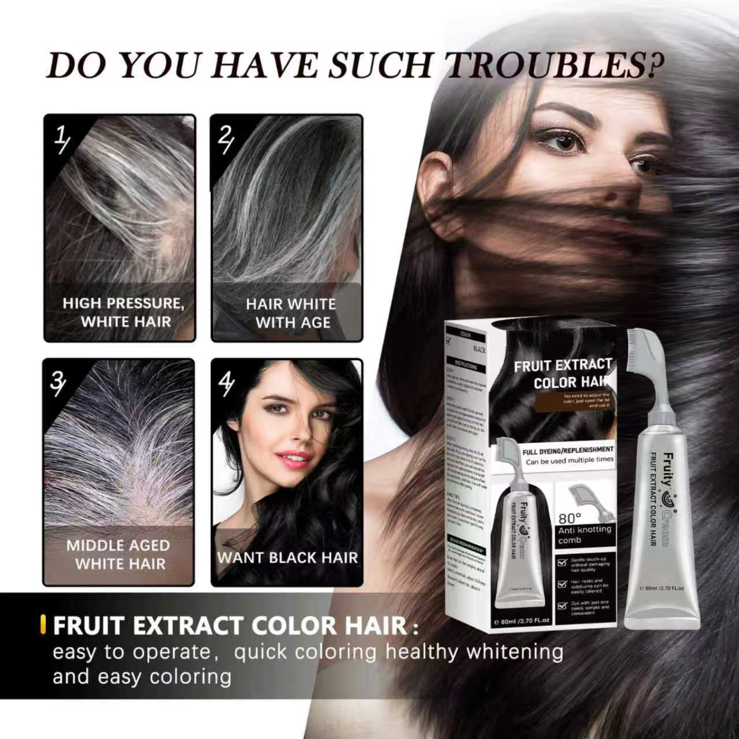 Fruit Comb Hair Dye Cream - In Hair DyeCream for Gray Coverage -Natural Black & Dark Brown