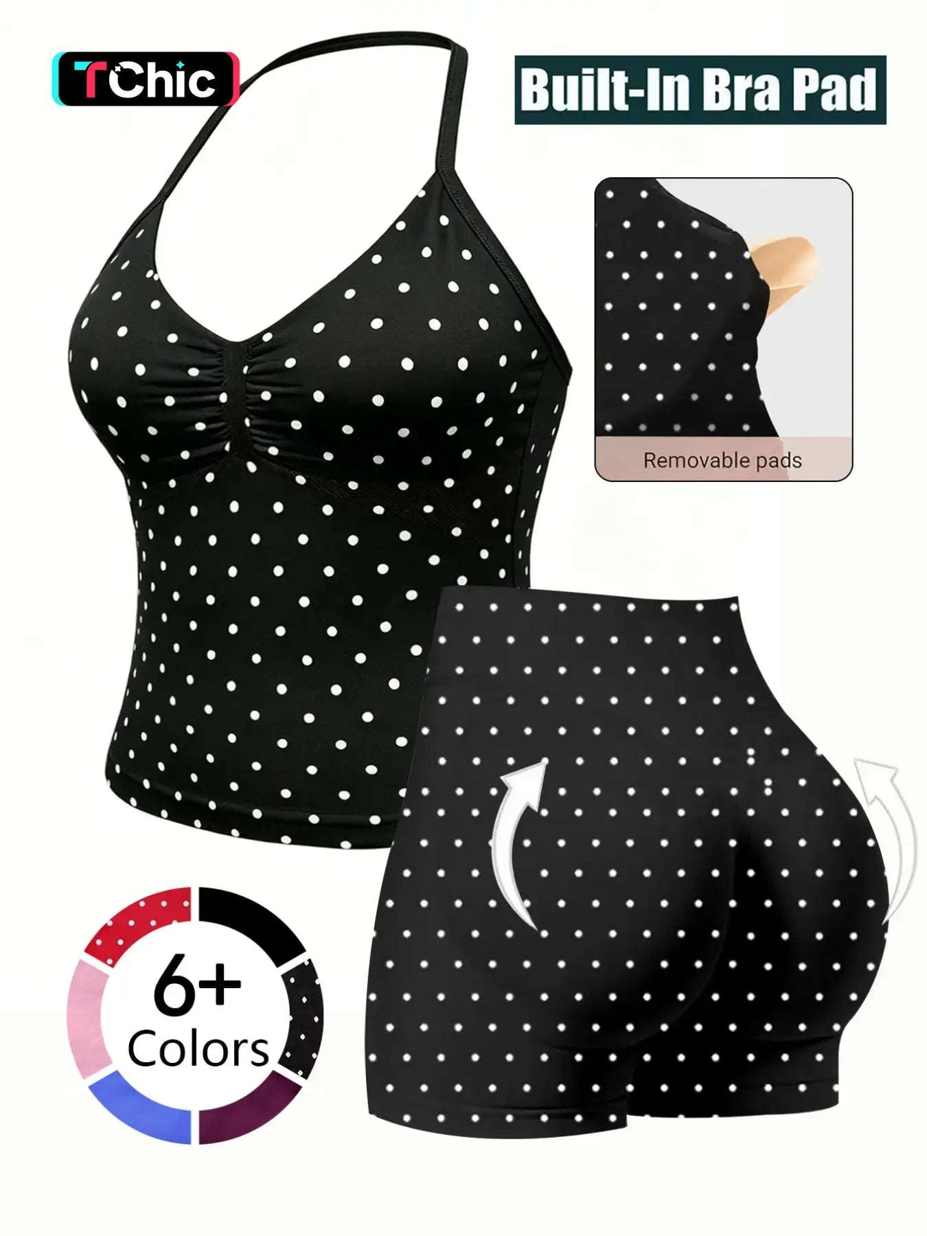 Fashionable Sports Set for Fitness Enthusiasts, Polka Dot Print Halter Top and Shorts, Summer Gym Yoga Running