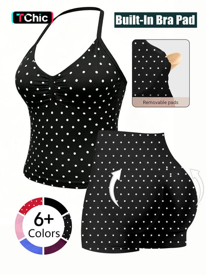 Fashionable Sports Set for Fitness Enthusiasts, Polka Dot Print Halter Top and Shorts, Summer Gym Yoga Running