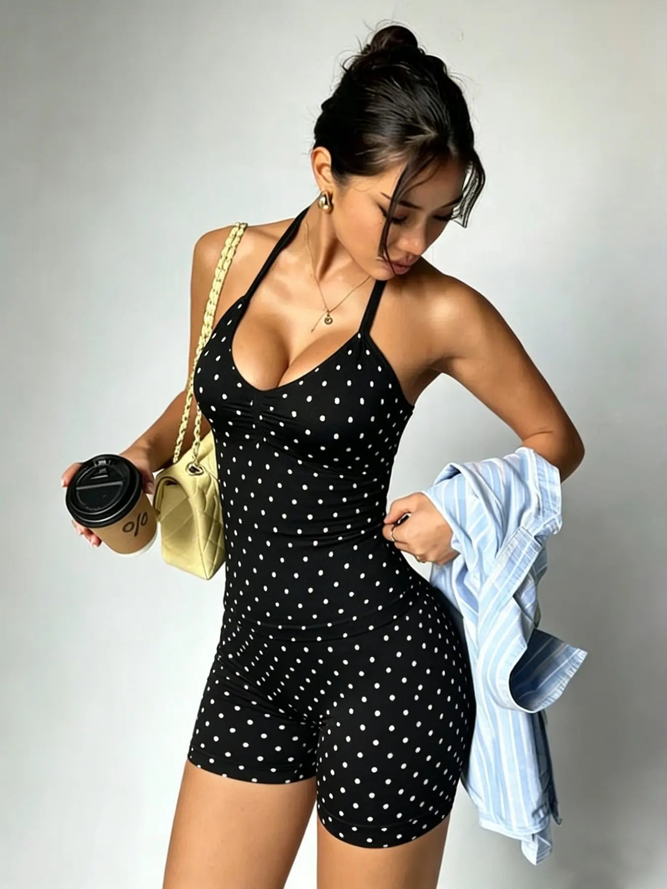 Fashionable Sports Set for Fitness Enthusiasts, Polka Dot Print Halter Top and Shorts, Summer Gym Yoga Running