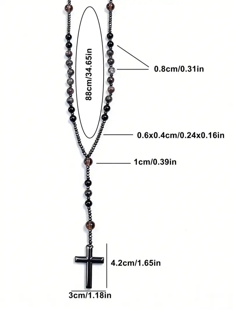Natural Obsidian & Yooperlite Cross Rosary Necklace