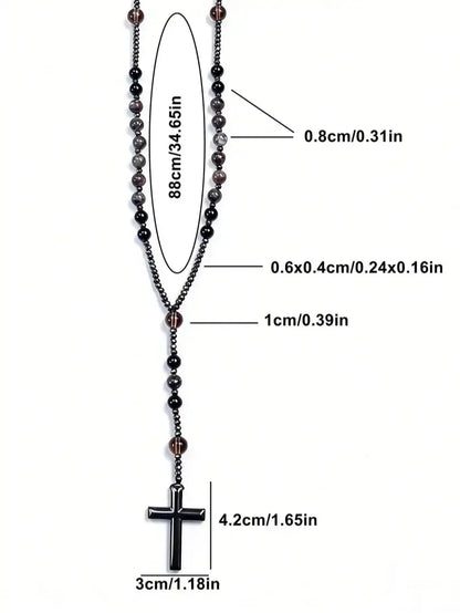 Natural Obsidian & Yooperlite Cross Rosary Necklace
