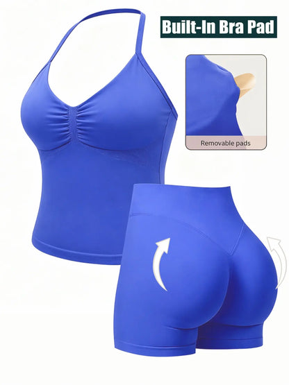 Fashionable Sports Set for Fitness Enthusiasts, Polka Dot Print Halter Top and Shorts, Summer Gym Yoga Running