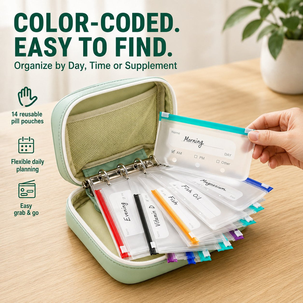✨2‑Week Pill Organizer Binder Case | 14 Reusable Color‑Coded Pill Pouch💊 Travel Waterproof Medication Storage Bag for Vitamins Supplements