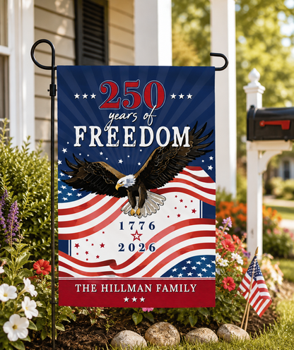 Personalized 250 Years of Freedom with Family Name Garden Flag