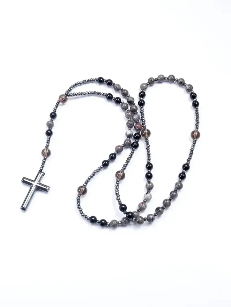 Natural Obsidian & Yooperlite Cross Rosary Necklace