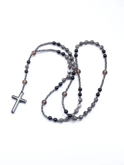 Natural Obsidian & Yooperlite Cross Rosary Necklace