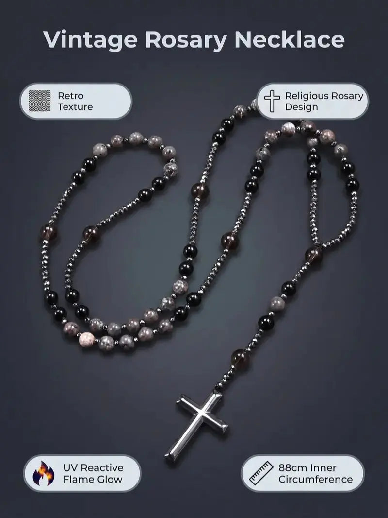 Natural Obsidian & Yooperlite Cross Rosary Necklace