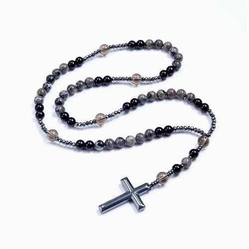 Natural Obsidian & Yooperlite Cross Rosary Necklace