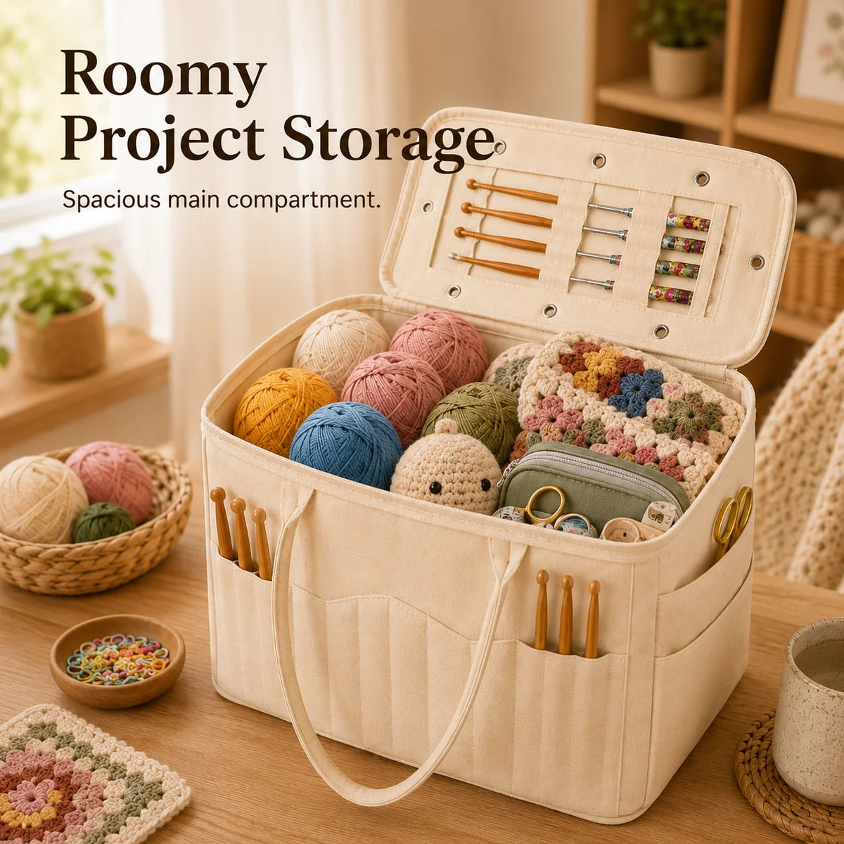 Roomy canvas knitting and crochet organizer bag