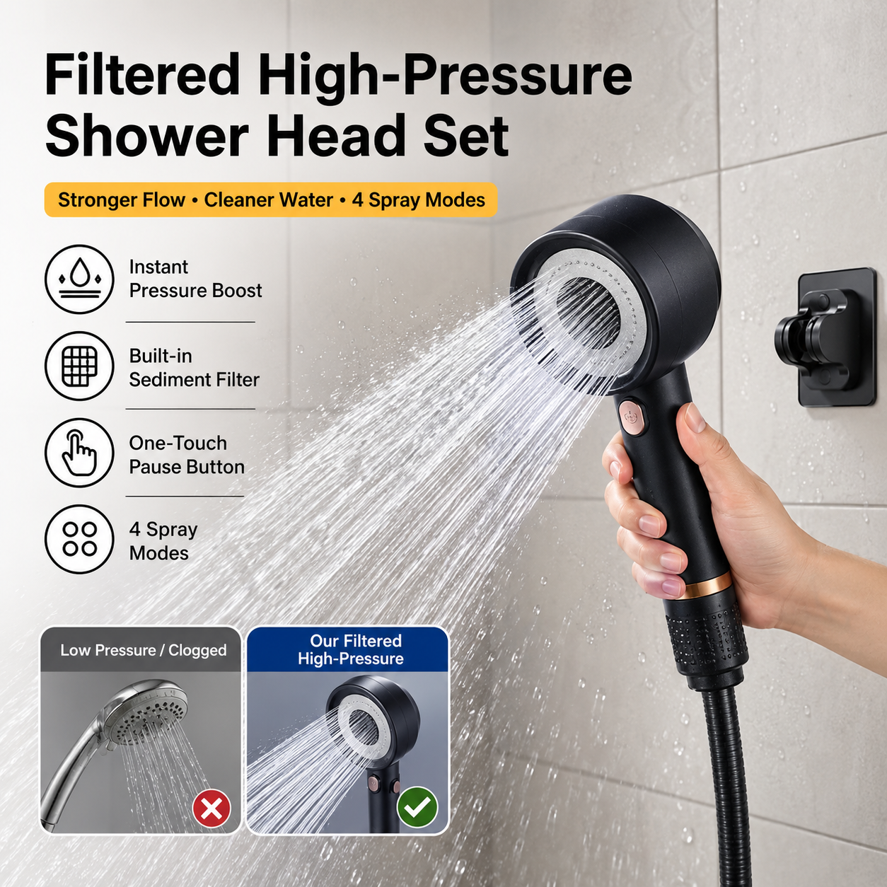 🚿Filtered High-Pressure Shower Head Set – Stronger Flow, Fresher Shower Experience