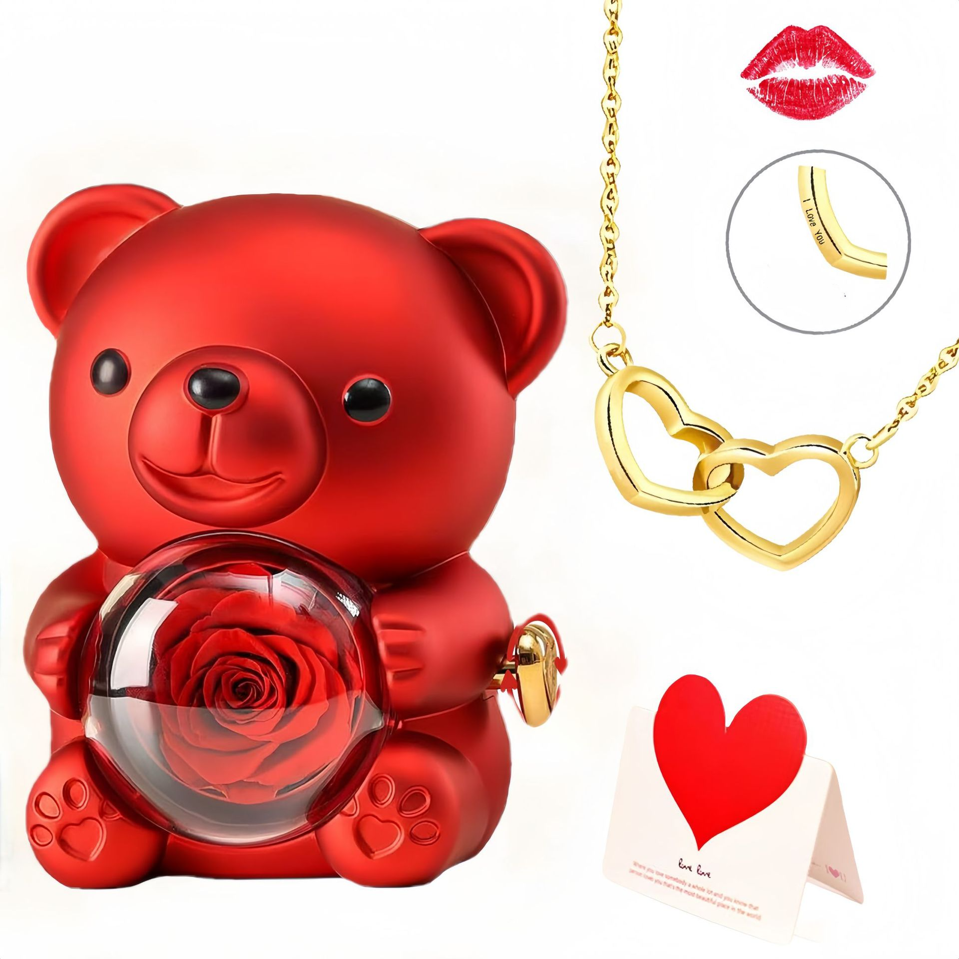 Preserved Rose Teddy Bear Gift Box with Heart Necklace