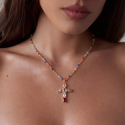 Gold-Plated Gold Spacer Beads / Multicolor Cubic Zirconia Cross Pendant Necklace