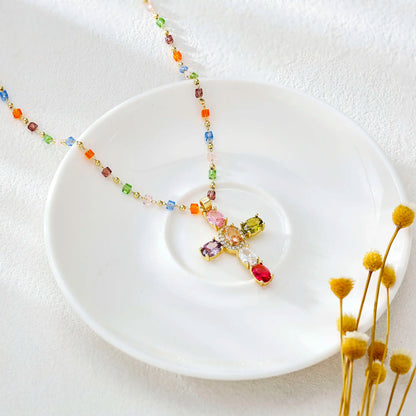 Gold-Plated Gold Spacer Beads / Multicolor Cubic Zirconia Cross Pendant Necklace