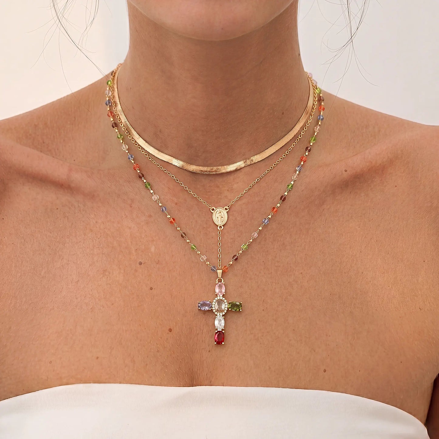 Gold-Plated Gold Spacer Beads / Multicolor Cubic Zirconia Cross Pendant Necklace