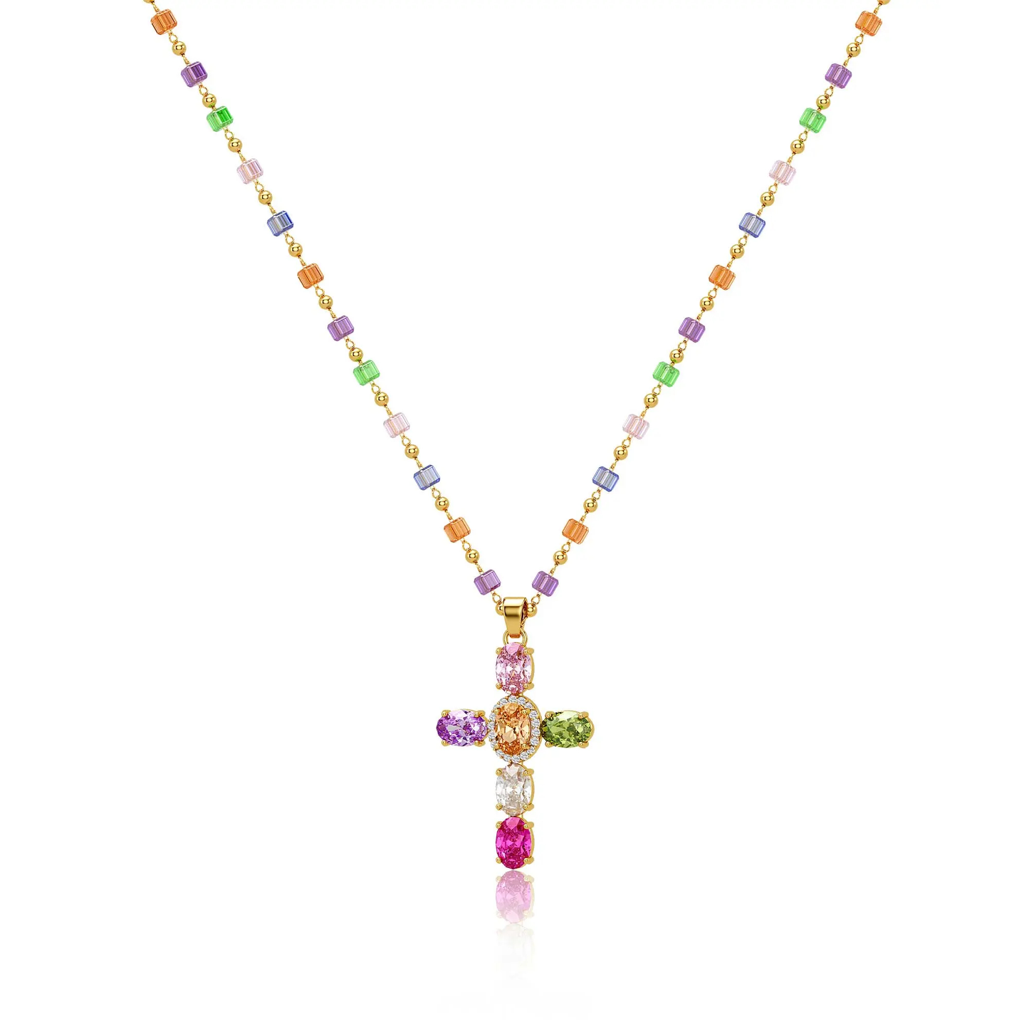 Gold-Plated Gold Spacer Beads / Multicolor Cubic Zirconia Cross Pendant Necklace