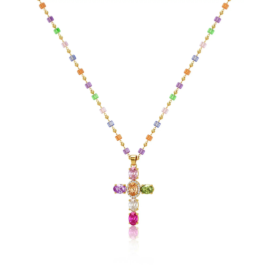 Gold-Plated Gold Spacer Beads / Multicolor Cubic Zirconia Cross Pendant Necklace