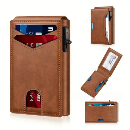 ✨✨✨Wallet - With Pop Up Aluminum Case Money Clip Slim Leather Slots Credit Card Holder RFID Blocking Bifold Minimalist Wallet