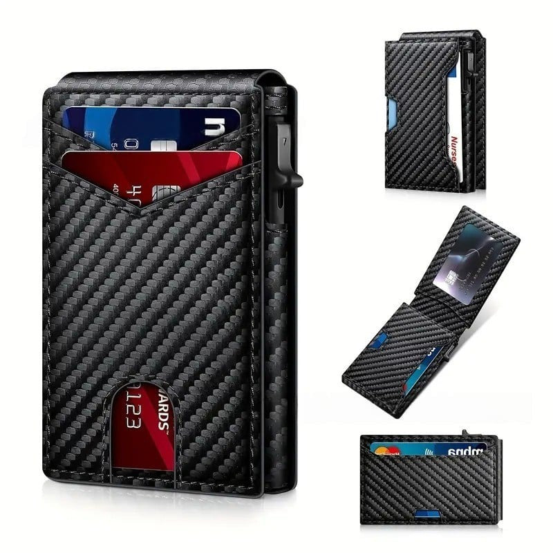 ✨✨✨Wallet - With Pop Up Aluminum Case Money Clip Slim Leather Slots Credit Card Holder RFID Blocking Bifold Minimalist Wallet