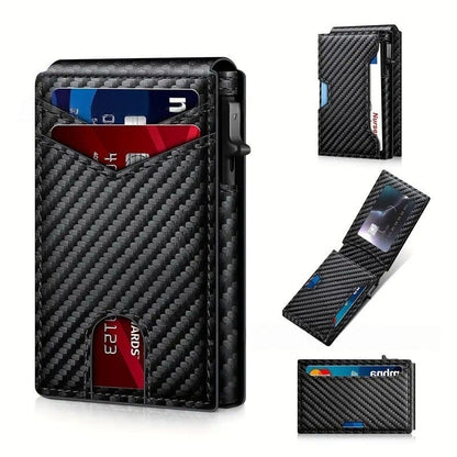 ✨✨✨Wallet - With Pop Up Aluminum Case Money Clip Slim Leather Slots Credit Card Holder RFID Blocking Bifold Minimalist Wallet