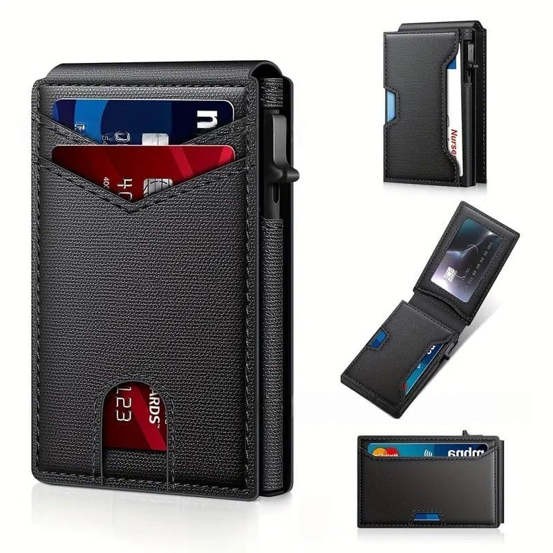 ✨✨✨Wallet - With Pop Up Aluminum Case Money Clip Slim Leather Slots Credit Card Holder RFID Blocking Bifold Minimalist Wallet