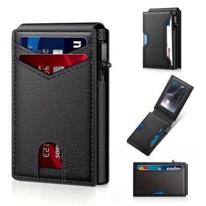 ✨✨✨Wallet - With Pop Up Aluminum Case Money Clip Slim Leather Slots Credit Card Holder RFID Blocking Bifold Minimalist Wallet
