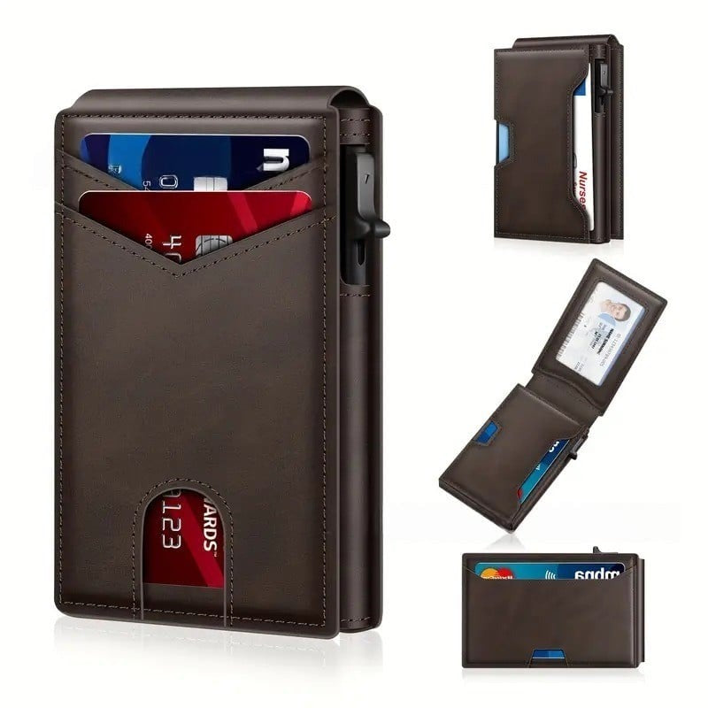 ✨✨✨Wallet - With Pop Up Aluminum Case Money Clip Slim Leather Slots Credit Card Holder RFID Blocking Bifold Minimalist Wallet