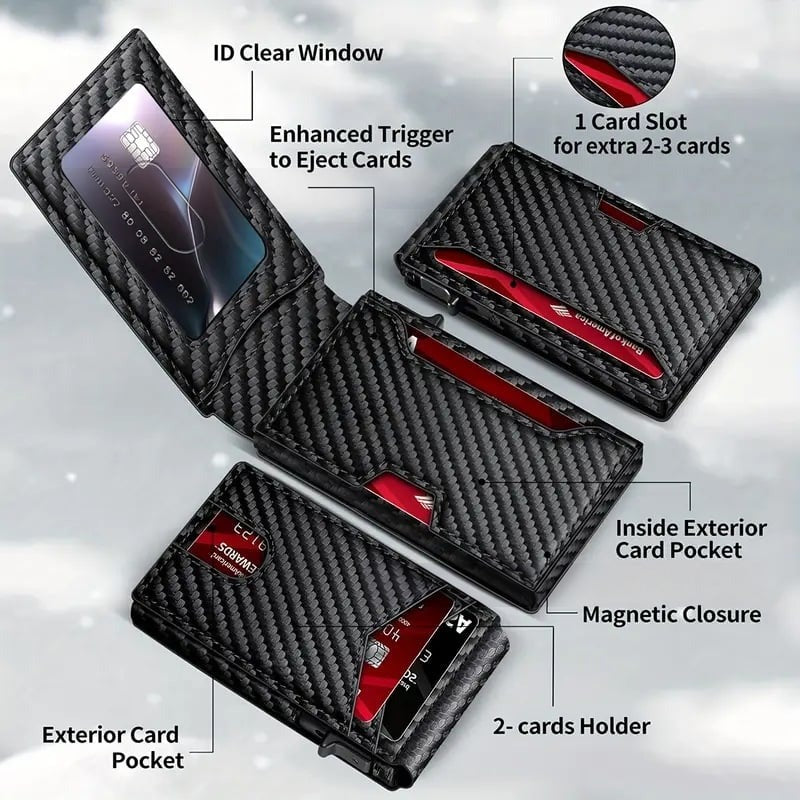 ✨✨✨Wallet - With Pop Up Aluminum Case Money Clip Slim Leather Slots Credit Card Holder RFID Blocking Bifold Minimalist Wallet